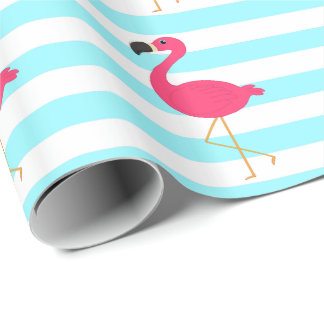 Rosa Flamingo auf hellen aquamarinen Streifen Geschenkpapier