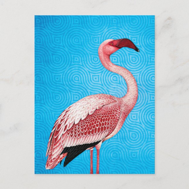 Rosa Flamingo auf Retro Blue Pattern Postkarte (Vorderseite)