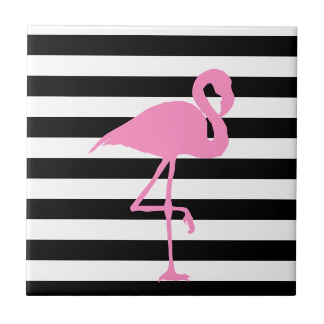 Rosa Flamingo auf Schwarzweiss-Streifen Fliese (Vorderseite)