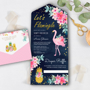Rosa Flamingo Baby Shower im tropischen Stil All In One Einladung