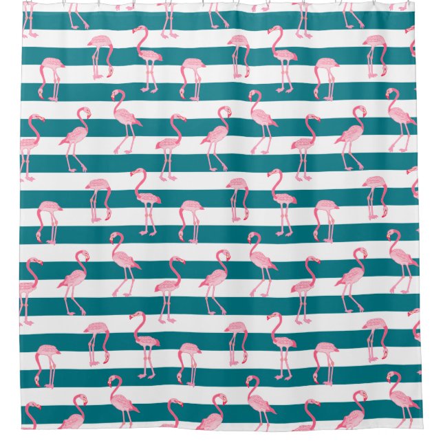 Rosa Flamingo Birds Türkis Weiße Streifen Muster Duschvorhang (Vorderseite)