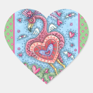 ROSA FLAMINGO CUPID UND FLIEGENDE HERZEN VALENTINS Herz-Aufkleber
