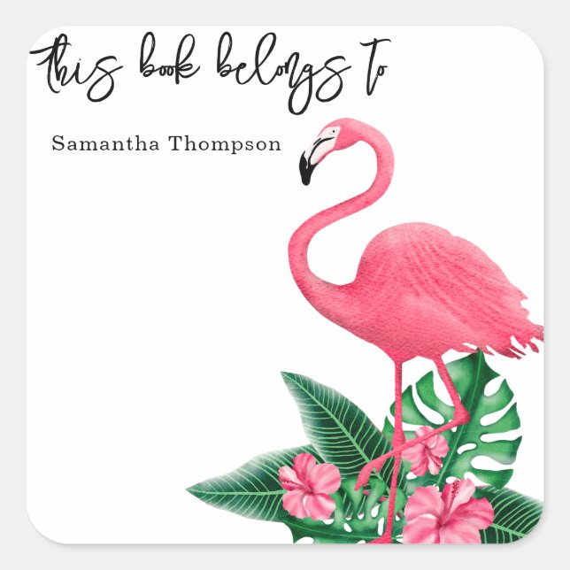 Rosa Flamingo - dieses Buch gehört Quadratischer Aufkleber (Vorderseite)