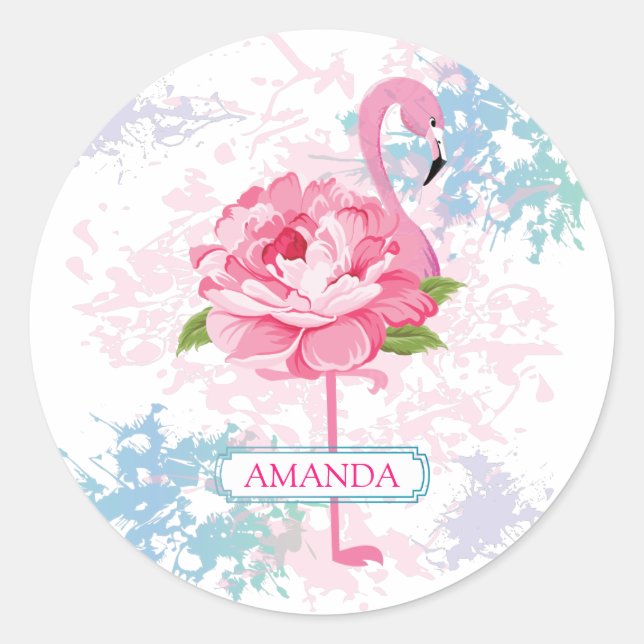 Rosa Flamingo Floral Monogramm-Design Runder Aufkleber (Vorderseite)