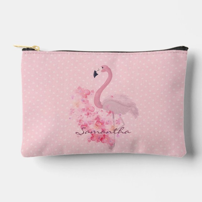 Rosa Flamingo Floral und Punkte genannt Zubehörtasche (Vorderseite)
