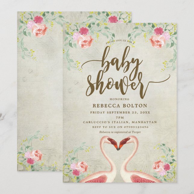 Rosa Flamingo florale moderne Babydusche Einladung (Vorne/Hinten)