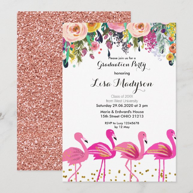 Rosa Flamingo Graduation Party Einladung (Vorne/Hinten)