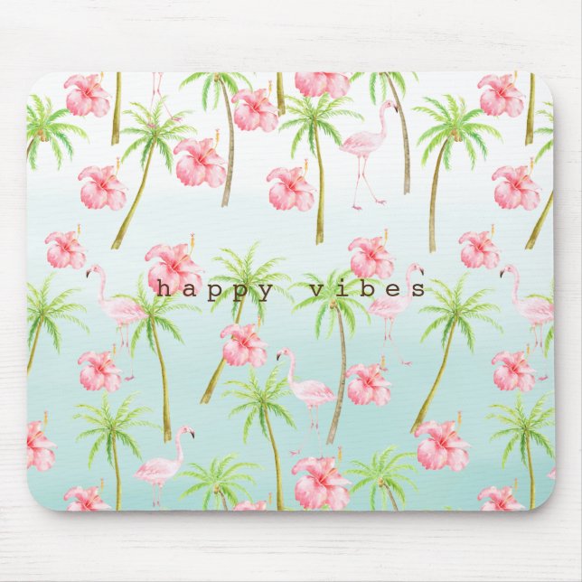 Rosa Flamingo Hibiskus Blume Tropische Palmen Mousepad (Vorne)