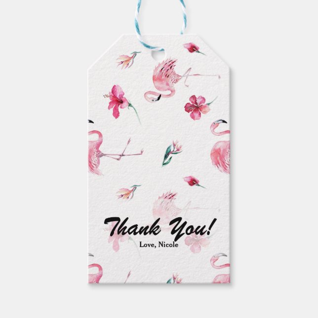 Rosa Flamingo & Hibiskus Tropisches Gastgeschenk Geschenkanhänger (Vorderseite)