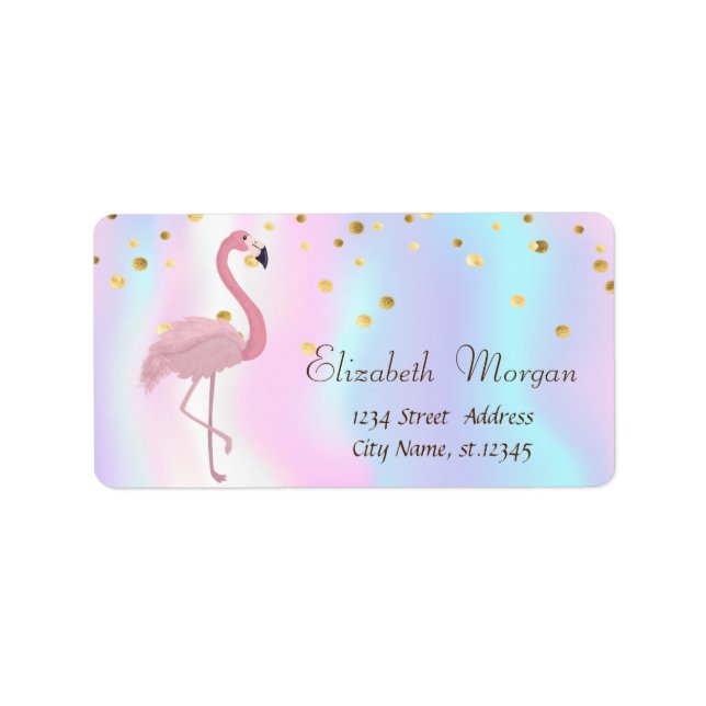 Rosa Flamingo Holographic Gold Foil Confetti Adressaufkleber (Vorne)