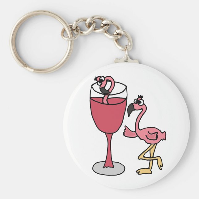 Rosa Flamingo im Blush Weinglas Schlüsselanhänger (Vorne)