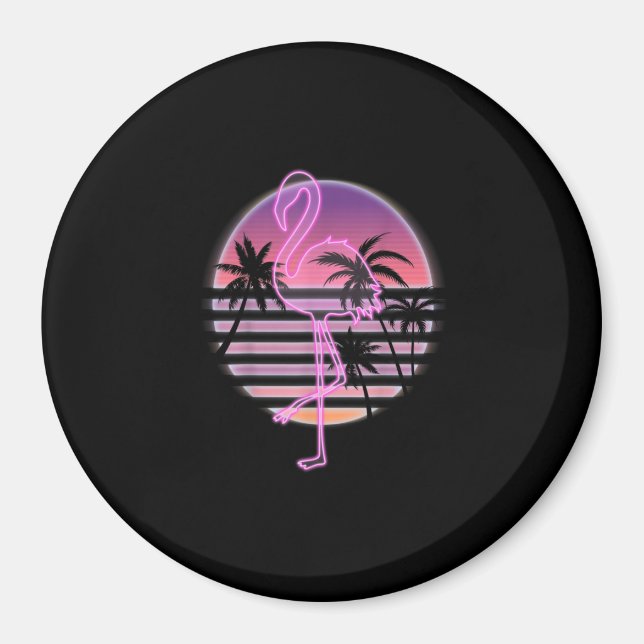 Rosa Flamingo im Retro-Sonnenuntergang mit Palmen Magnet (Vorne)