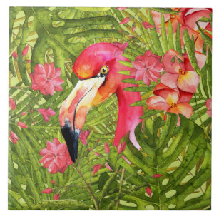 Rosa Flamingo in der Palme und in Monstera Fliese