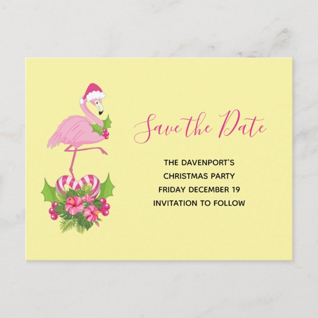 Rosa Flamingo in der Weihnachtsmannmütze Save the  Einladungspostkarte (Vorderseite)
