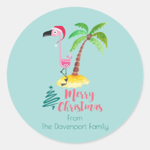 Rosa Flamingo in einer Weihnachtsmannmütze durch Runder Aufkleber