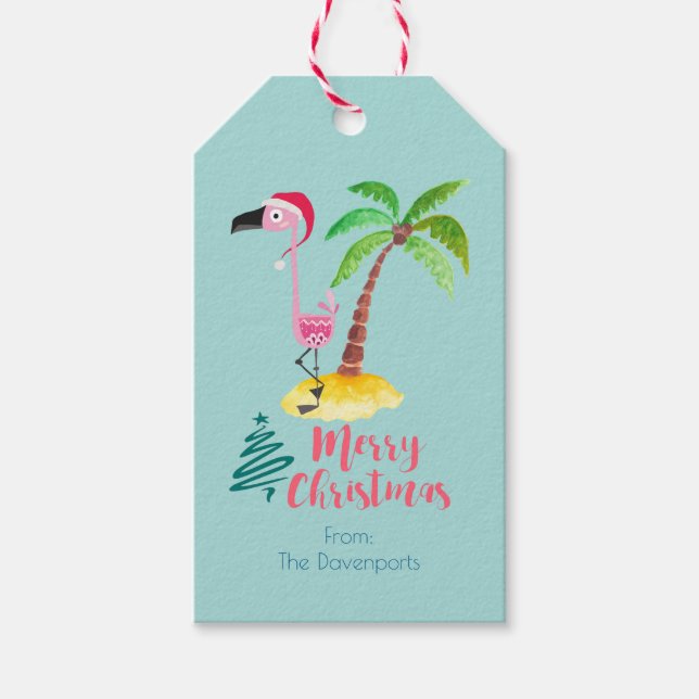 Rosa Flamingo in einer Weihnachtsmannmütze mit Pal Geschenkanhänger (Vorderseite)