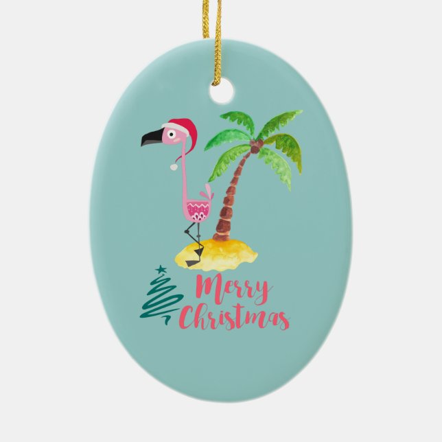 Rosa Flamingo in einer Weihnachtsmannmütze von Pal Keramik Ornament (Hinten)