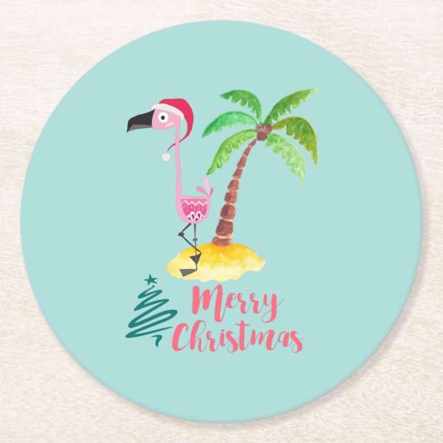 Rosa Flamingo in einer Weihnachtsmannmütze von Pal Runder Pappuntersetzer (Vorderseite)