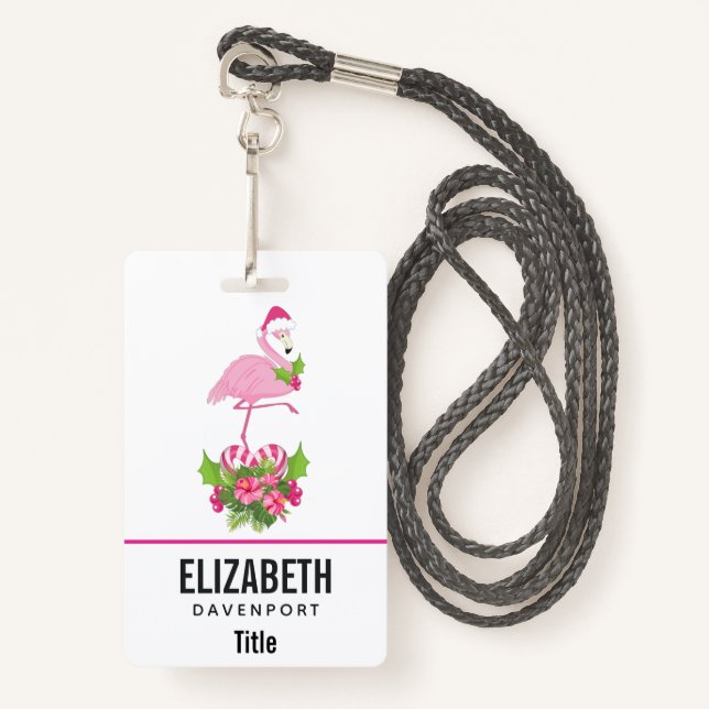 Rosa Flamingo in Weihnachtsmannmütze mit Candy Can Ausweis (Vorderseite mit Schlüsselband)