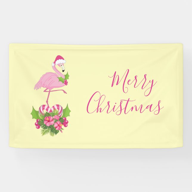 Rosa Flamingo in Weihnachtsmannmütze mit Candy Can Banner (Horizontal)
