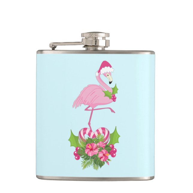 Rosa Flamingo in Weihnachtsmannmütze mit Candy Can Flachmann (Vorderseite)