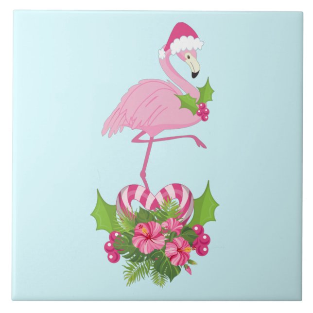 Rosa Flamingo in Weihnachtsmannmütze mit Candy Can Fliese (Vorderseite)