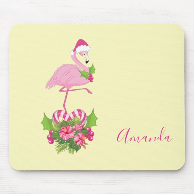 Rosa Flamingo in Weihnachtsmannmütze mit Candy Can Mousepad (Vorne)