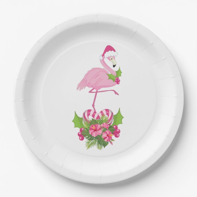 Rosa Flamingo in Weihnachtsmannmütze mit Candy Can Pappteller (Vorderseite)