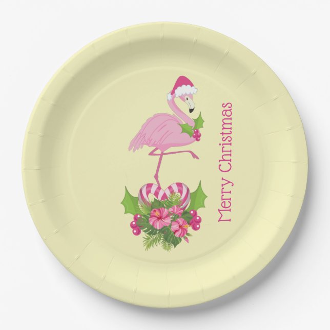 Rosa Flamingo in Weihnachtsmannmütze mit Candy Can Pappteller (Vorderseite)