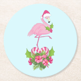 Rosa Flamingo in Weihnachtsmannmütze mit Candy Can Runder Pappuntersetzer