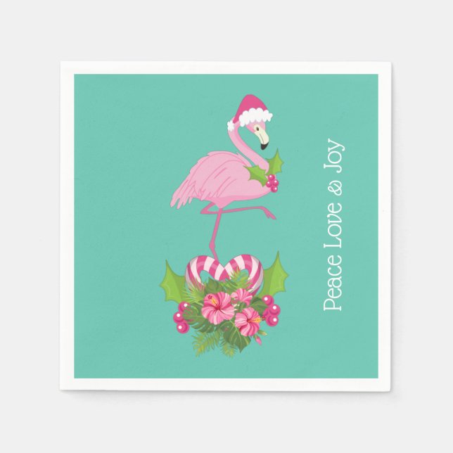 Rosa Flamingo in Weihnachtsmannmütze mit Candy Can Serviette (Vorderseite)