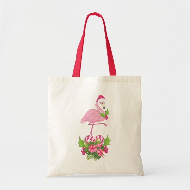 Rosa Flamingo in Weihnachtsmannmütze mit Candy Can Tragetasche (Vorne)