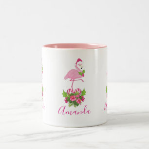 Rosa Flamingo in Weihnachtsmannmütze mit Candy Can Zweifarbige Tasse