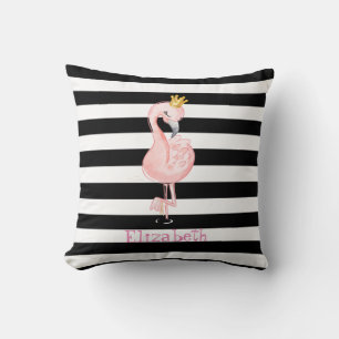 Rosa Flamingo, kronenschwarz, weiße Streifen Kissen