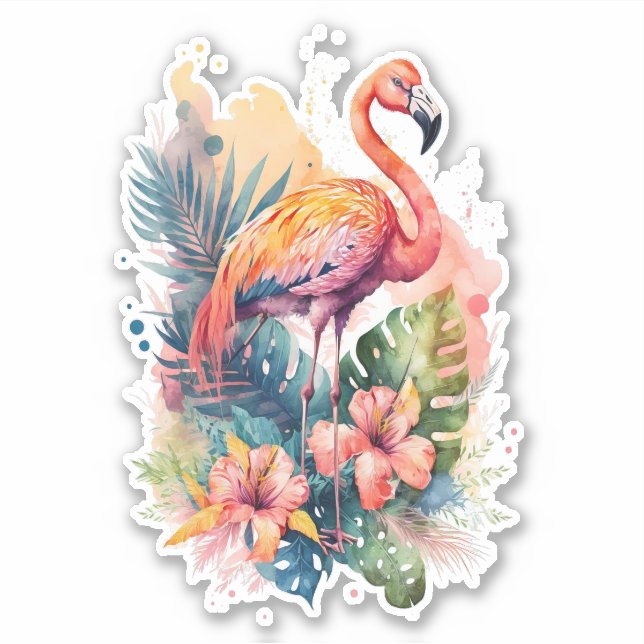Rosa Flamingo mit Blume Aufkleber (Vorderseite)