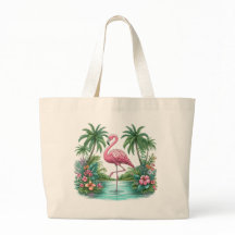 Rosa Flamingo mit Blume und Palmen
