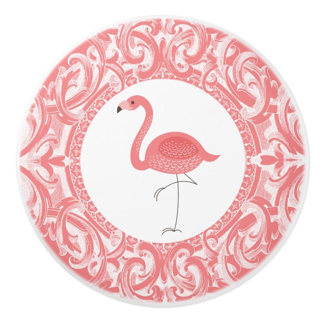 Rosa Flamingo mit blumengeschmückten Wirbel Keramikknauf (Vorderseite)