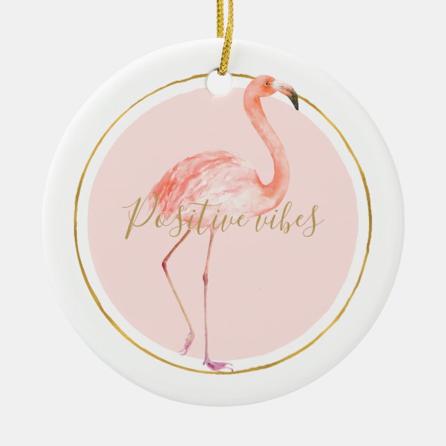 Rosa Flamingo mit Gold und Rahmen personalisiert Keramik Ornament (Vorne)