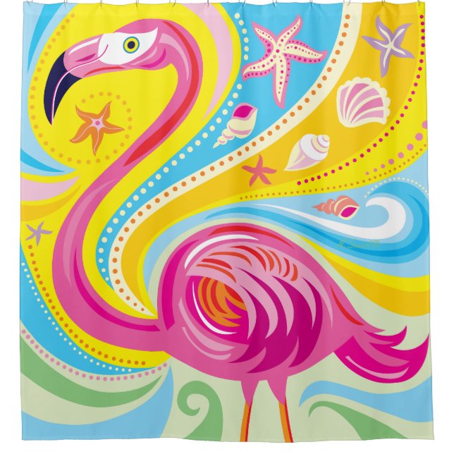 Rosa Flamingo mit Seestern Duschvorhang (Vorderseite)