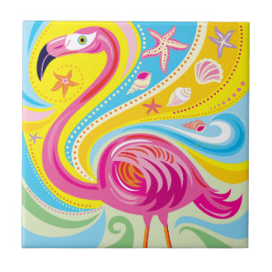 Rosa Flamingo mit Seestern Fliese