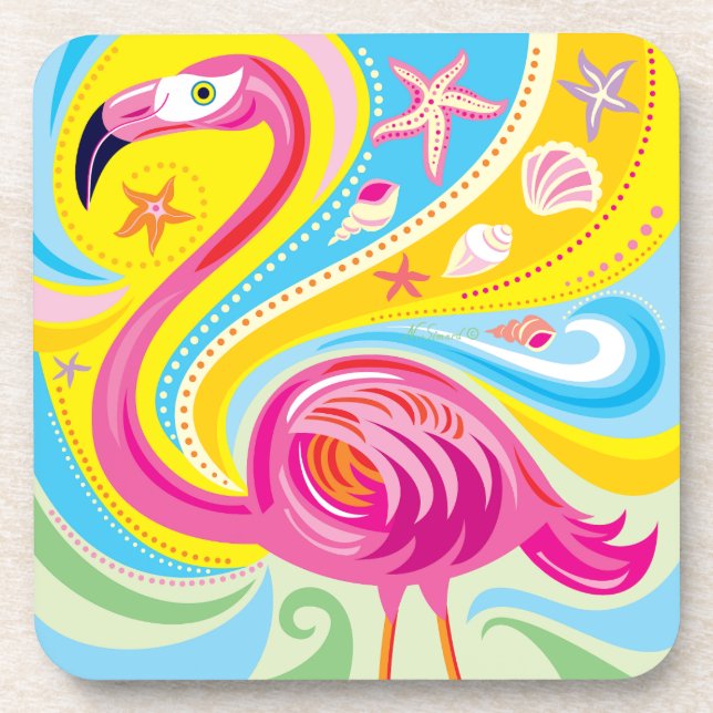 Rosa Flamingo mit Seestern Getränkeuntersetzer (Vorderseite)
