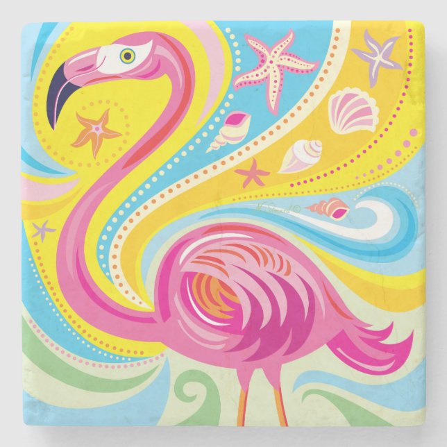 Rosa Flamingo mit Seestern Steinuntersetzer (Vorderseite)