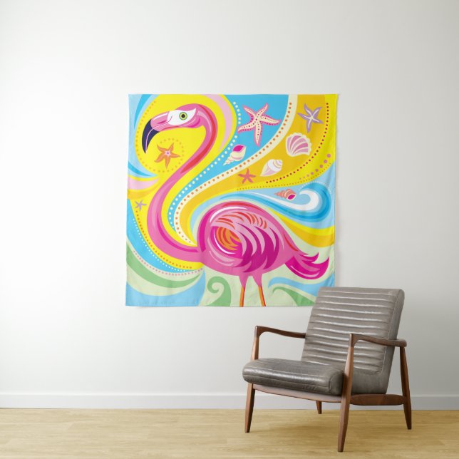 Rosa Flamingo mit Seestern Wandteppich (Beispiel)