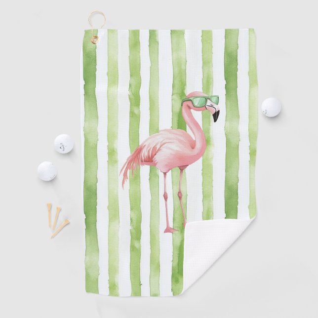 Rosa Flamingo mit Sonnenbrille Grüne Streifen Golfhandtuch (Insitu)