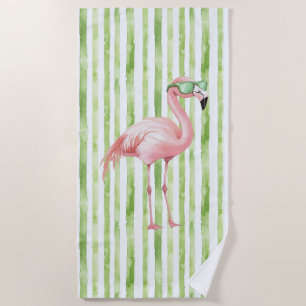 Rosa Flamingo mit Sonnenbrille Grüne Streifen Strandtuch