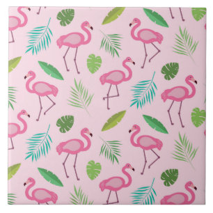 Rosa Flamingo mit tropischem Blätter-Muster  Fliese