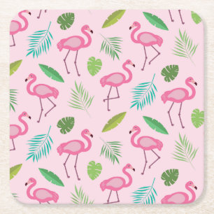 Rosa Flamingo mit tropischem Blätter-Muster Rechteckiger Pappuntersetzer