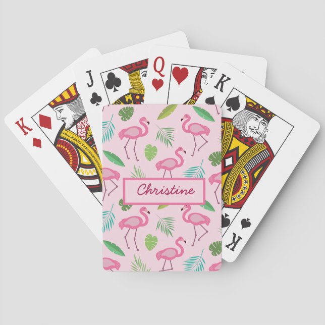 Rosa Flamingo mit tropischen Blätter nach Maß Spielkarten (Rückseite)