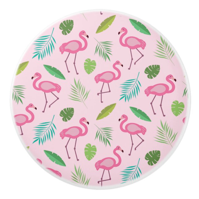 Rosa Flamingo mit tropischen Blätter Personalisier Keramikknauf (Vorderseite)