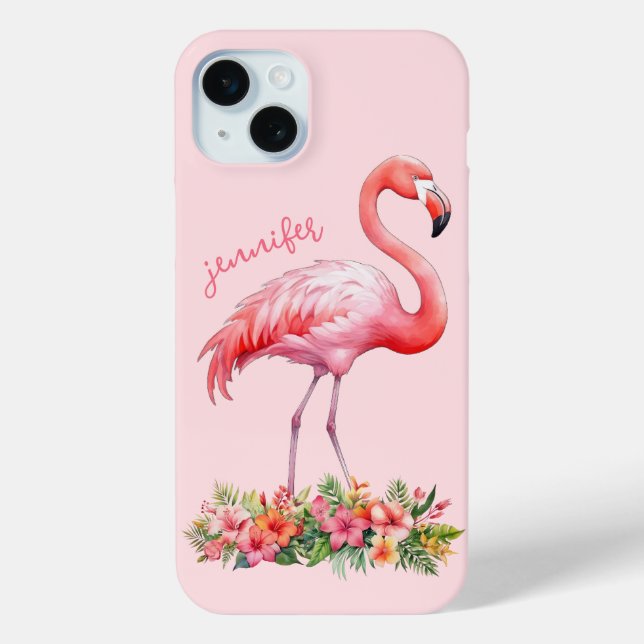 Rosa Flamingo mit tropischen Blumen Case-Mate iPhone Hülle (Rückseite)